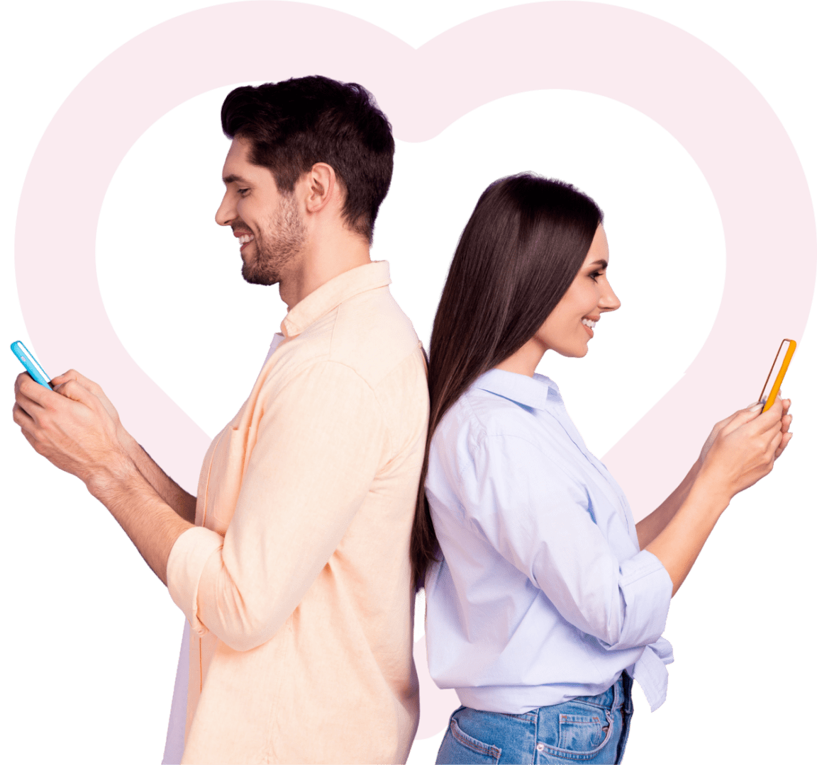 Group 1321314631 A man and woman standing back to back holding cell phones.