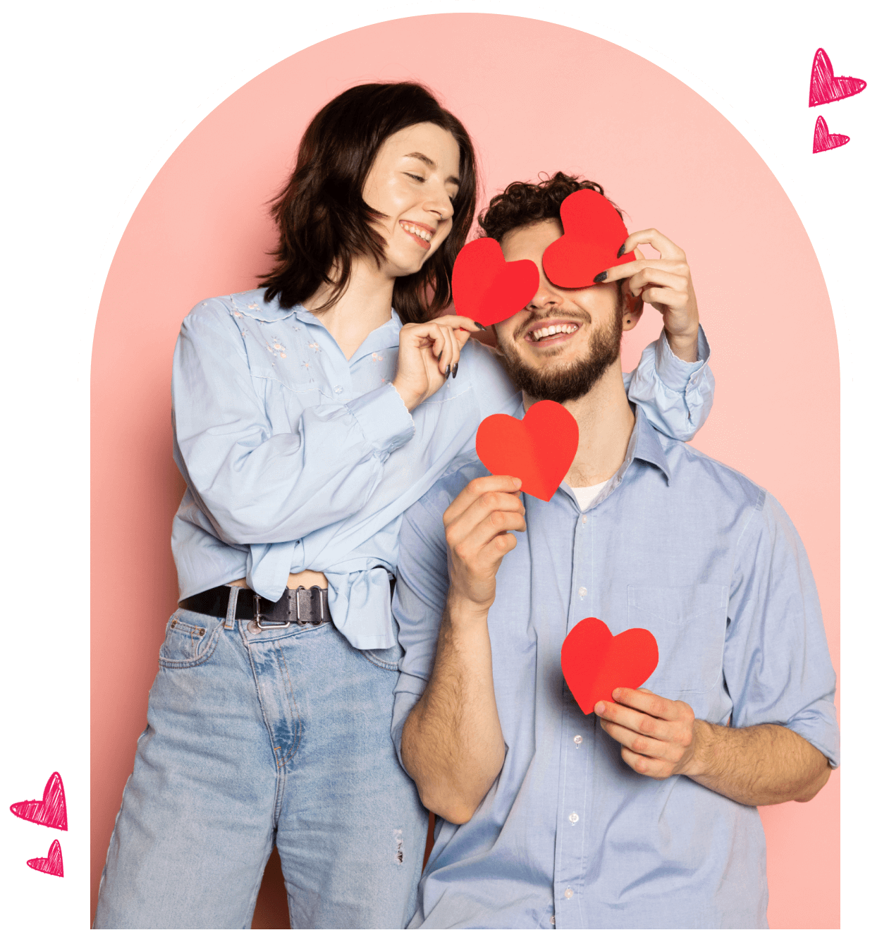 Group 1321314634 A man and woman holding red hearts in front of their faces.