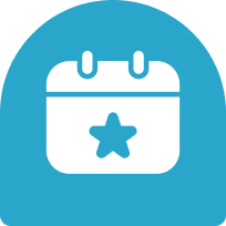 A blue and white icon of a calendar with a star.