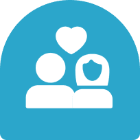 A blue circle with two people and one heart.